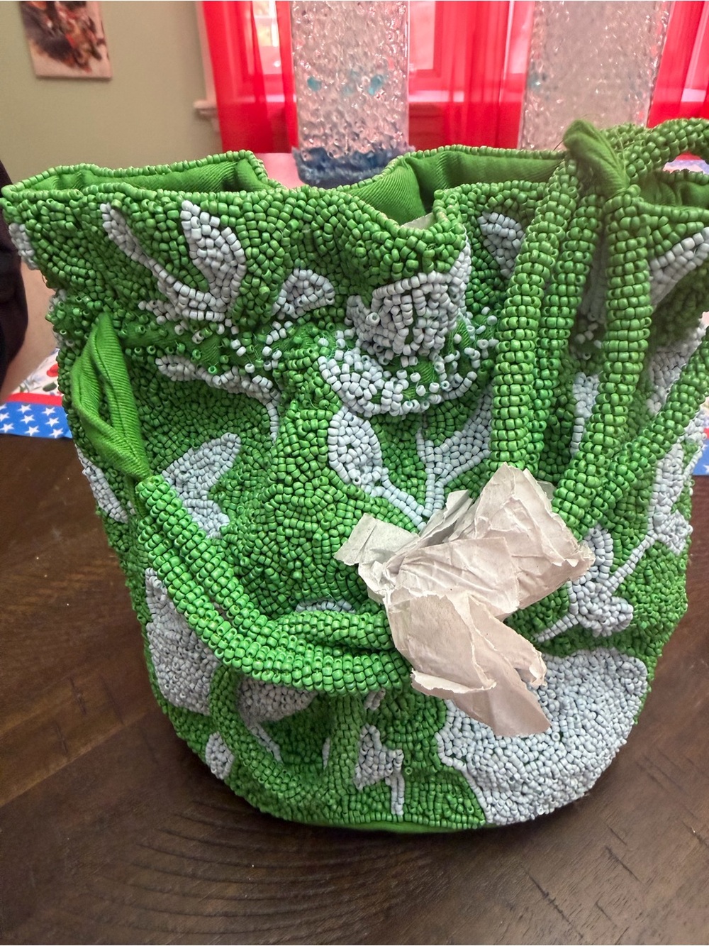 kate spade Green and Light Gray Beaded Drawstring Tote~ height 9”width 7”